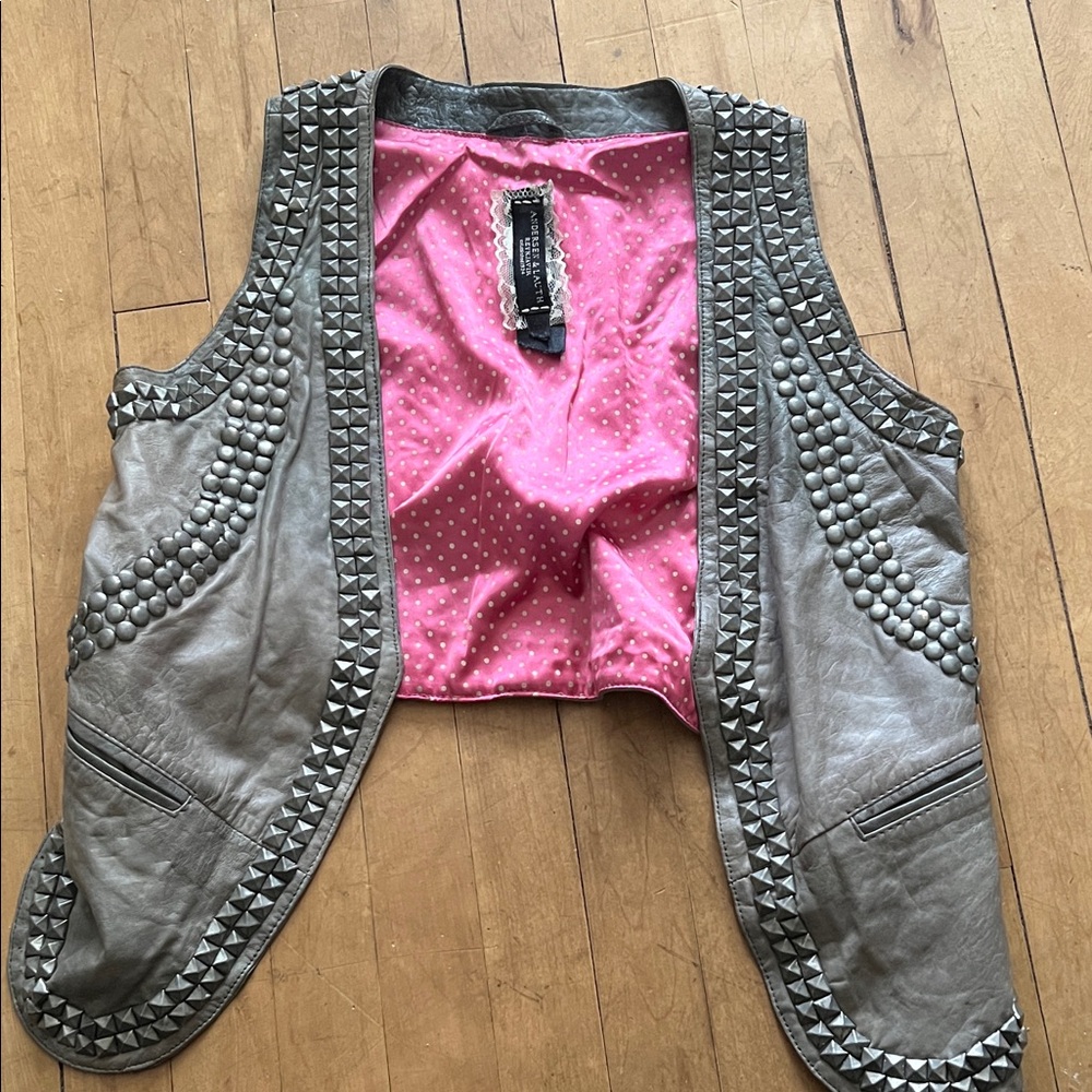 Studded Gray Leather Vest with Pink Lining